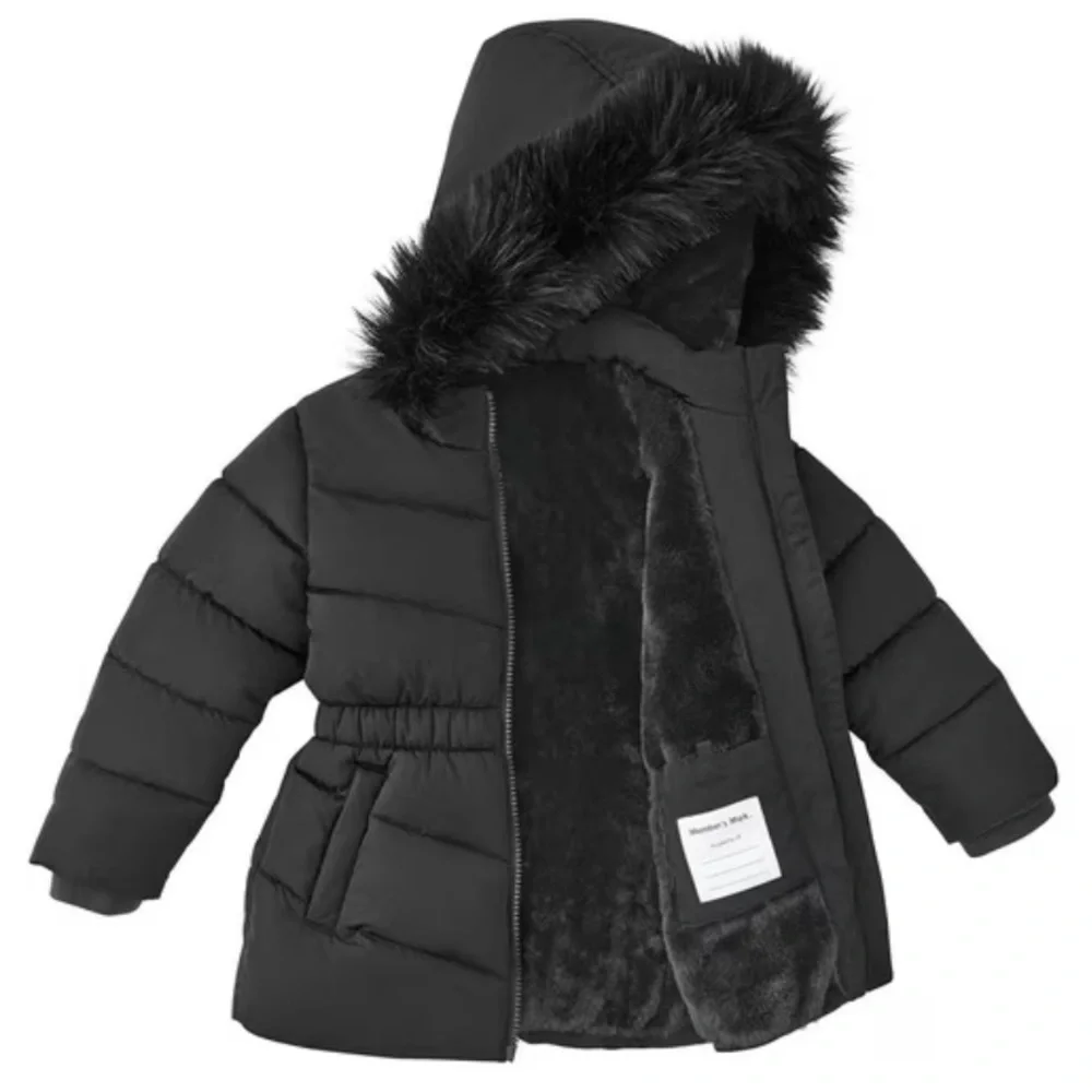 MEMBERSMARK Girls Black Puffer Parka, Warm Fleece Lined Jacket w/Removable Hood
